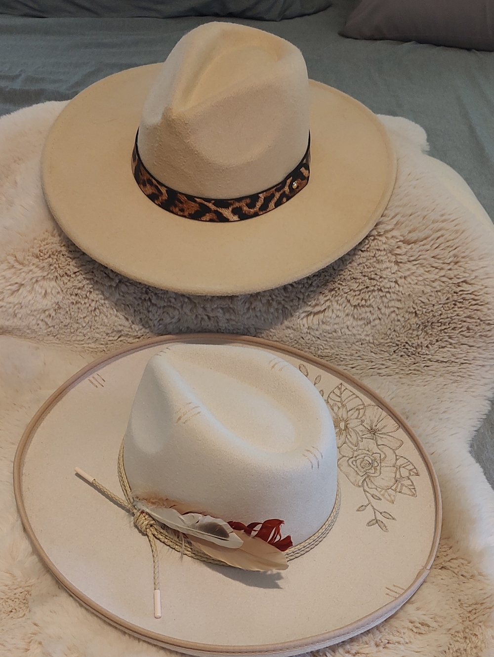 Cream Wide-Brim Hat With Leopard Band And Cream Hat With Custom Burnt Design